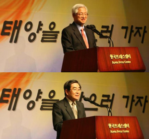 ▲ 인터넷 정론지 '뉴데일리'의 새출발 주제선포식에서 축사를 맡은 이상희 전 과기처 장관(위)과 이봉서 한국선진화포럼 운영위원장 (아래). 이 전 장관은 이날 시를 인용해 축사를 해 청중들의 호응을 받았고, 이 위원장은 선진화포럼과 뉴데일리의 향후 상호협력의 중요성을 역설했다. 