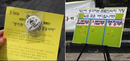 ▲ 23일 바른사회 '법을 지키는 당신이 아름답습니다' 캠페인에서 휴대폰액정클리너와 홍보물을 배포하고 '준법의식이 가장 낮은 기관'에 대한 시민 설문조사를 실시했다. ⓒ 뉴데일리