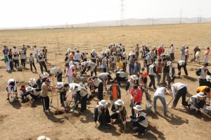 ▲ 대한항공 신입직원들과 한진그룹 재단 산하 대학생, 현지 몽골 학생들이 나무를 함께 심고 있다.&nbsp;&nbsp; ⓒ 뉴데일리