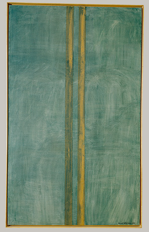 ▲ 바네트 뉴먼(Barnett Newman, 1905-1970) ‘콩코드’(Concord) (1949)▶거칠게 칠한 녹색 바탕에 노란 수직선이 두 개 있다. 마스킹 테이프를 붙여 색칠을 한 후 떼어내는 방식으로 그렸다. ⓒ 뉴데일리 