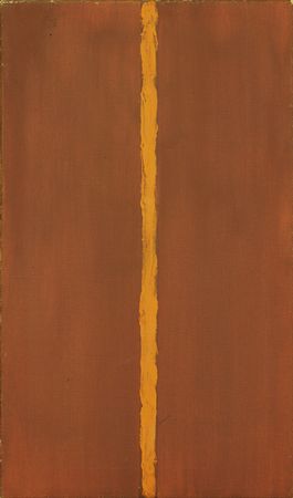 ▲ 바네트 뉴먼(Barnett Newman, 1905-1970)‘하나임’(Onement 1) (1948)▶회화공간을 구획짓기 위해 소위 zip(지퍼)을 사용하기 시작한 첫번째 작품이다. 단색 배경에 하나의 수직선만을 그려 넣어 일체의 구성(composition)을 포기했다. 크기, 모양, 색채에 관계없이 모든 것이 일자(一者)로 환원된다는 것을 보여주기 위한 것이다.ⓒ 뉴데일리   