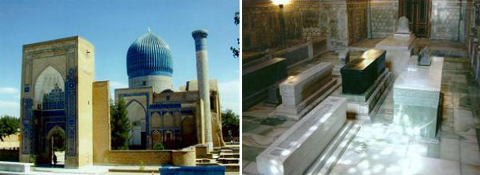 ▲ 티무르왕의 묘인 '구르 에미르로'와 내부 모습(오른쪽). ⓒ 뉴데일리