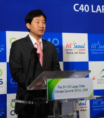 ▲ C40회의 서울선언문을 발표하는 오세훈시장.  ⓒ 뉴데일리