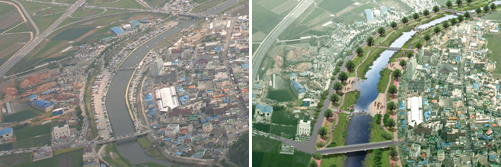 ▲ 4대강 살리기 사업 이전의 영산강(왼쪽)과 사업 후 예상되는 모습. ⓒ 뉴데일리