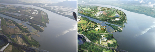 ▲ 4대강 살리기 사업 이전의 낙동강(왼쪽)과 사업 후 예상되는 모습. ⓒ 뉴데일리