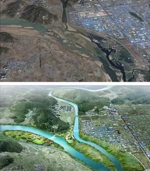 ▲ 정부는 8일 국토해양부와 환경부, 문화체육관광부, 농림수산식품부 등 관계 부처와 합동으로 2012년까지 총 22조 2천억 원을 투입하는 4대강 살리기 프로젝트의 마스터플랜(종합계획)을 확정해 발표했다. 사진은 4대강 가운데 낙동강 금호강 도류제 사업전(위)과 사업후(아래) 모습. ⓒ 연합뉴스