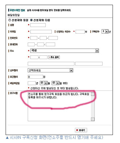 ▲ 지난해 9월 언소주카페에 게재된 공지사항의 일부분. 카페 운영자측은 '언소주를 통한 정기구독 후원'이라는 내용을 강조하기 위해 분홍색 동그라미를 그려 표시했다. ⓒ 언소주 카페