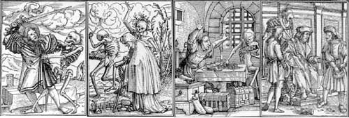 홀바인의 '죽음의 시뮬라크르' 연작중 (왼쪽부터) 귀족, 노파, 부자, 판사 ⓒ 뉴데일리