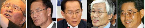 ▲ 이명박 대통령의 '중도강화론'을 비판한 보수논객들. 김동길 연세대 명예교수,김용갑 한나라당 상임고문,이회창 자유선진당 총재,조갑제 전 월간조선 대표,지만원 시스템클럽 대표 (왼쪽부터)  ⓒ뉴데일리 