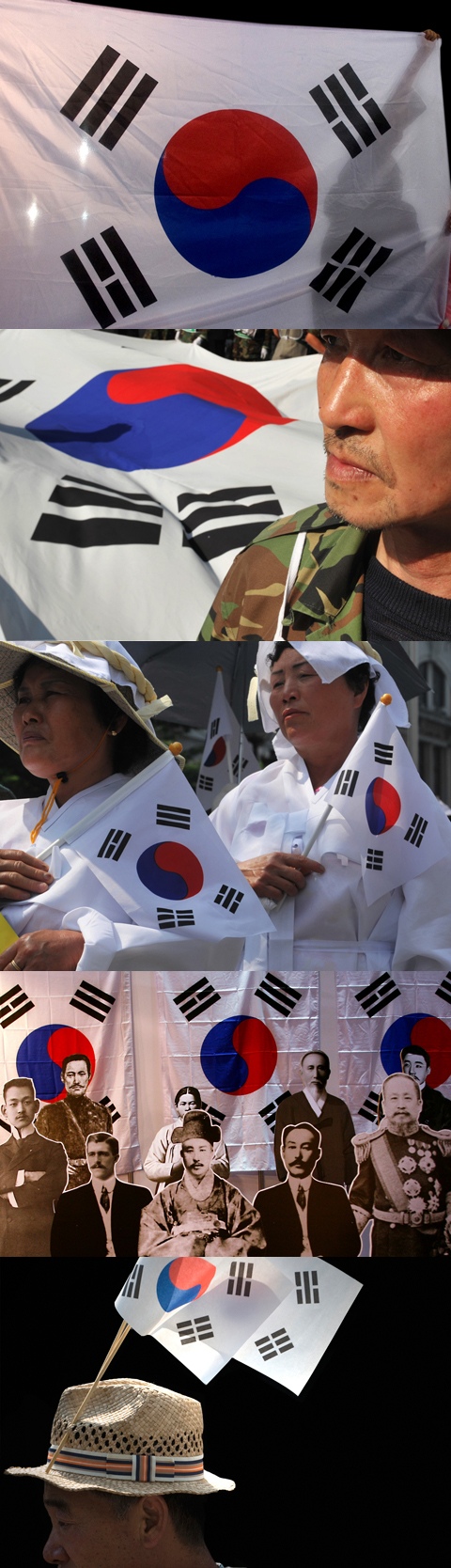 ▲ 각종 보수우익 단체들이 벌인 궐기대회(위에서 4번째 사진 제외)에 등장한 다양한 태극기의 모습. 참석자들의 진지한 눈빛에서 '나라사랑'에 대한 충정을 엿볼 수&nbsp;있다.&nbsp; ⓒ 뉴데일리