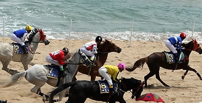 ▲ 지난 1일 부산 해운대해수욕장에서 한국마사회 경주마들이 기수를 태우고 길이 1㎞의 해변경주로를 질주하고 있다. 해수욕장 개장을 기념해 마련된 이날 경주대회에는 경주마 9마리가 출전했다. 부산경남경마공원은 올해 처음으로 해변경주대회를 관광상품화 했으며 마상무예와 승마체험행사도 마련했다.  ⓒ 연합뉴스