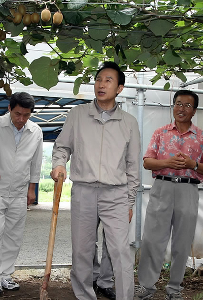 ▲ 이명박 대통령이 31일 경남 고성군 참다래마을을 방문해 농장을 살펴보고 있다. ⓒ 연합뉴스