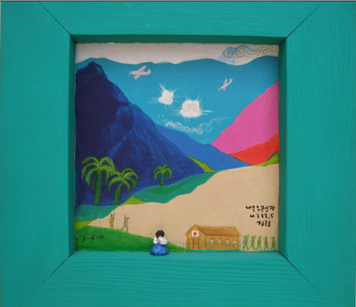 ▲ 정신대아리랑 입체조형(나는 누구인가)나무로 깎은 조각으로 우는여성을 입체돌출로 묘사한 것임. 동남아 어느 전투지역에서의 일본군 막사 모습. 소품으로 1차 해보았고, 이것을 모델로 큰 작품은 아직 미완이다. (2000)ⓒ 뉴데일리