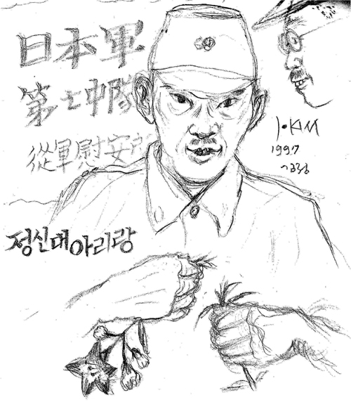 ▲ 정신대아리랑 입체조형(나는 누구인가)나무로 깎은 조각으로 우는여성을 입체돌출로 묘사한 것임. 동남아 어느 전투지역에서의 일본군 막사 모습. 소품으로 1차 해보았고, 이것을 모델로 큰 작품은 아직 미완이다. (2000)ⓒ 뉴데일리