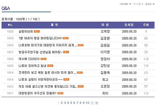 ▲ 네티즌의 성토장으로 변한 나로우주센터 자유게시판.  ⓒ 뉴데일리