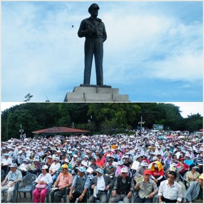 ▲ 10일 인천 중구 자유공원에서 '맥아더장군동상보존과 국가안보결의대회'가 열렸다. 위의 사진은 자유공원 안에 위치한 맥아더장군 동상. 아래 사진은 대회에 참석한 내빈들 ⓒ 뉴데일리 