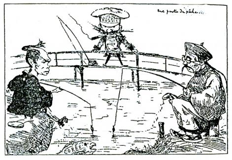 한반도(COREE)를 지배하기 위한 3국경쟁, 일본 중국 러시아의 각축을 상징하는 만화 '낚시놀이' (TOBAE, 1887.02.15)