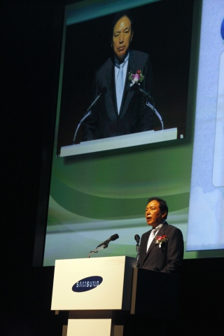 ▲ 지난 20일 '삼성전자 녹색경영 선포식'에서 삼성전자 이윤우 부회장이 녹색경영 비전을 발표하는 모습.&nbsp;ⓒ 뉴데일리