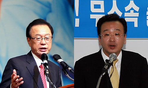 ▲ 10.28재보궐선거 경남 양산지역에 출마한 한나라당 박희태 전 대표(왼쪽)와 무소속 김양수 전 의원 ⓒ&nbsp;연합뉴스