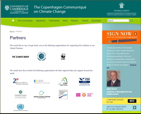 ▲ 영국 캠브리지대학의 '기후변화에 관한 왕립 기업가 모임'이 주최한 코펜하겐 성명에 참여한 파트너 기관들.  ⓒ 뉴데일리
