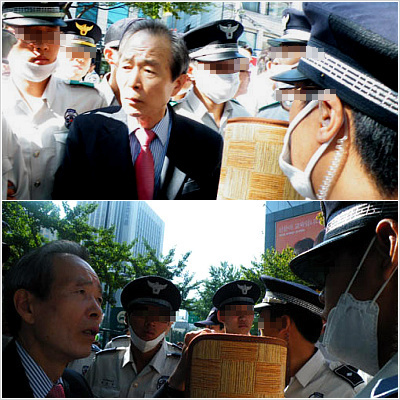 ▲ 24일 오전, '수도분할 중단 촉구 농성 투쟁'에 나선 장기표 신문명정책연구원 원장이 전경에게 둘러싸여 있다 ⓒ 뉴데일리 