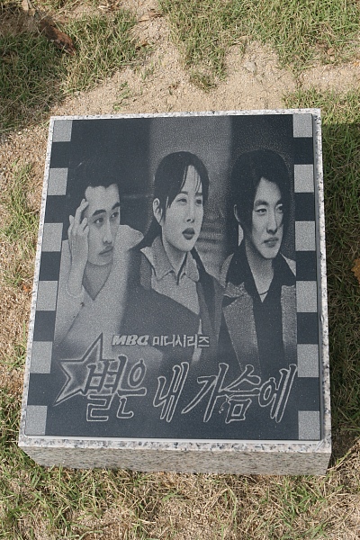 ▲ 갑산공원 측은 '유골함 도난 사건' 이후 최진실의 납골묘를 원기둥 형태로 교체하고 별모양의 조형물과 함께 묘역 주위에 고인이 생전 출연했던 영화 포스터를 새긴 평판을 전시하는 등 고인을 추억할 수 있는 다양한 소품들로 장식해 눈길을 끌었다. 사진은 고인이 생전 출연했던 드라마 '별은 내 가슴에' 포스터. ⓒ 뉴데일리