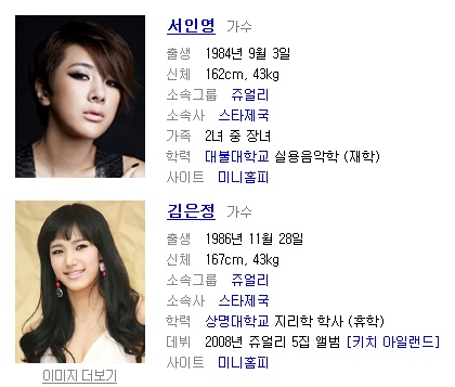 ▲ 포털사이트에 등재돼 있는 쥬얼리 멤버들의 프로필. 7일 '황금어장-라디오스타' 방송 직후 김은정은 자신의 '키'가, 서인영은 '얼굴 사진'이 각각 수정·교체됐다. ⓒ 뉴데일리