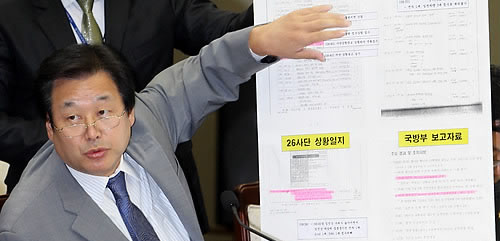 ▲ 국회 국방위 소속 한나라당 김무성 의원이 6일 오후 국방부에서 열린 국방부 국정감사에서 임진강 방류사태 관련 상황일지를 공개하며 집중 질의하고 있다. ⓒ연합뉴스