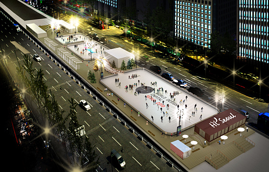 ▲ 오는 12월 12일 서울 광화문광장에 개장될 아이스링크 조감도(경복궁 광화문 방향)ⓒ서울시