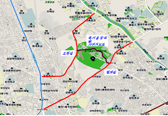 ▲ 17일 개통될 '북서울꿈의숲' 자전거도로 위치도(오현길, 월계길)ⓒ서울시 