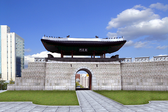 ▲ 2013년까지 서울 강북삼성병원 앞 정동 사거리 일대에 원형 복원될 '돈의문' 투시도ⓒ서울시