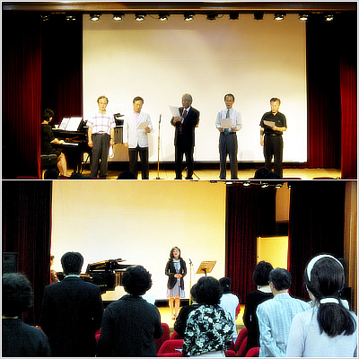 ▲ 가곡 강좌에 수강하고 있는 남성회원들(위), 손순남 교수가 진행하는 가곡강좌 모습(아래)