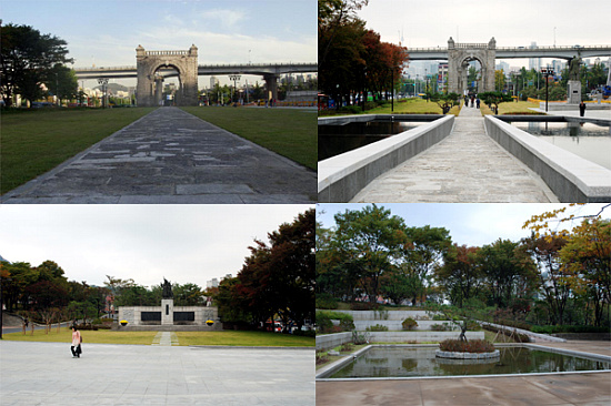 ▲ 재조성 후의 서대문 독립공원(왼쪽 위부터 독립문 주변, '3.1독립선언기념탑 전면-수경시설,3.1독립선언기념탑, 전통연못)ⓒ서울시
