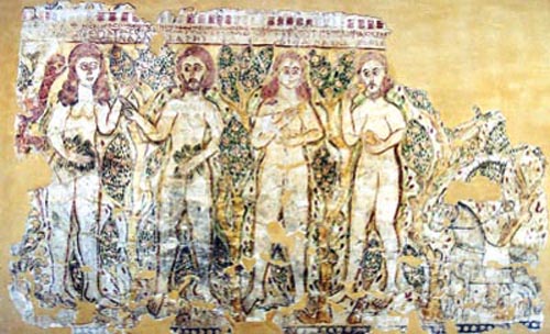 ▲ 성화 '원죄' 오른쪽 금단의 열매를 따먹기 전의 아담과 하와, 왼쪽은 따먹은 후 앞을 가린 아담과 하와(콥트 박물관).