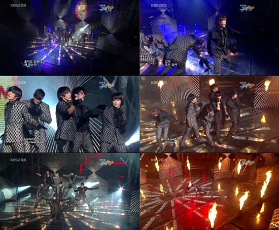 ▲ 13일 KBS 2TV 뮤직뱅크에서 2PM이 '좀비춤'을 추고 있다 ⓒ KBS 방송 캡처
