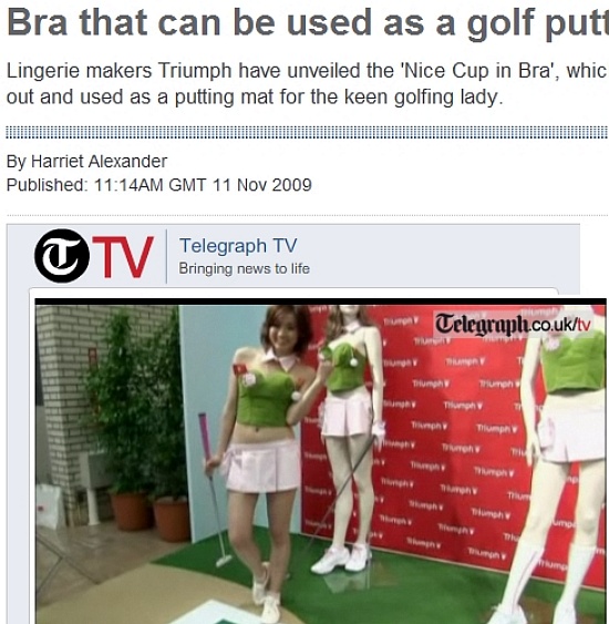 ▲ 기발한 브래지어 '나이스 컵 인 브라'를 착용한 모델ⓒ영국 일간 텔레그래프(Telegragh) 캡처