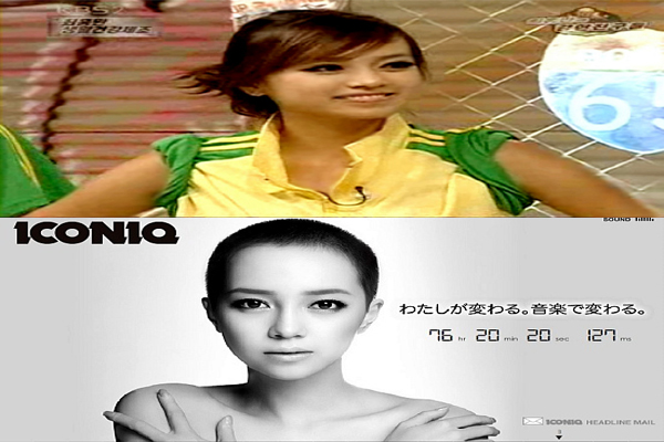 ▲ 가수 아유미 삭발 전(위·KBS 방송 캡처) 과 삭발 후(아래·티저사이트 캡처) 모습 비교