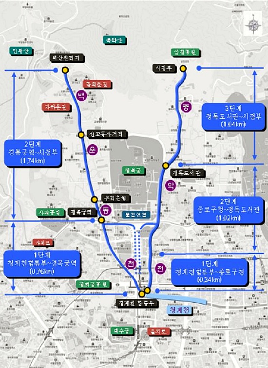 ▲ 서울시는 도심 공간의 역사성 회복을 위해 청계천 지천인 백운동천의 무릴을 따라 내년 말까지 폭 3m 가량의 수로를 만들 계획이라고 22일 밝혔다ⓒ서울시