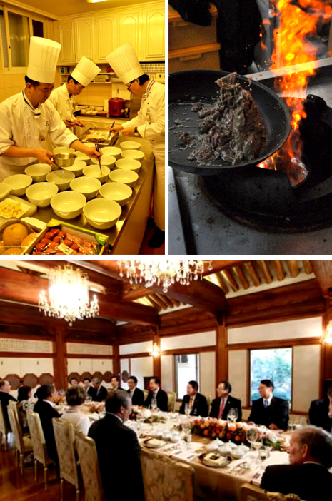 ▲ 청와대는 지난달 19일 상춘재에서 열린 이명박 대통령과 버락 오바마 대통령의 업무오찬 준비과정을 소개한 동영상을 공개했다. 청와대 요리사들의 요리과정(사진 위, 왼쪽)과 가장 인기를 끈 한우불고기, 청와대 상춘재의 업무오찬 모습(아래).ⓒ 뉴데일리