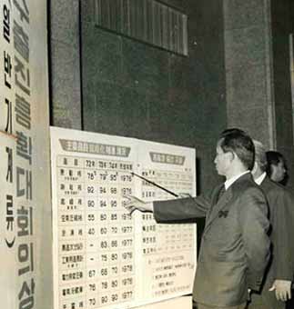 ▲ 1977년 12월 수출 100억달러를 달성하기까지에는 수출 입국 전략의 산실 수출확대진흥회의의 역할이 컸다. 1974년 9월 박정희 당시 대통령이 제8차 수출진흥확대회의를 주재한 후 주요품목에 대한 현황을 살펴보고 있다. ⓒ 연합뉴스