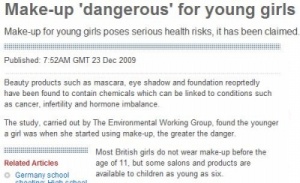 ▲ 10대가 화장하는 것이 위험하다고 보도한 텔레그래프 기사 캡쳐 ⓒ 뉴데일리