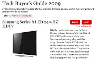 ▲ 타임은 ‘올해 놓쳐서는 안 될 20개 제품’(Tech Buyer's Guide 2009)으로 삼성 LED TV 8000 시리즈를 선정했다. ⓒ 타임 인터넷판 캡쳐  