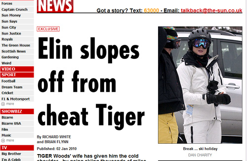 ▲ 우즈의 부인 엘린 노르데그린이 프랑스의 스키장에서 쌍둥이 자매와 친구들과 스키를 즐기고 있다. ⓒ&nbsp;선 인터넷판 캡쳐&nbsp;