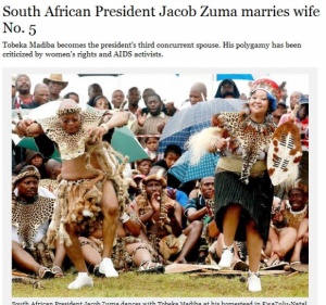 ▲ 결혼식 중인 남아공 대통령과 5번째 부인 토베카 마브히자&nbsp;ⓒ&nbsp;LA타임즈 기사 캡쳐&nbsp;