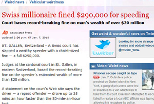 ▲ 스위스의 부자 스피드광에게 과속운전 벌금이 29만 달러( 3억 2000만원) 부과됐다. ⓒ MSNBC 캡쳐