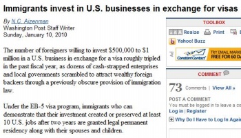 ▲ '투자이민 비자 급증' ⓒ워싱턴포스트지 인터넷판 기사 캡쳐