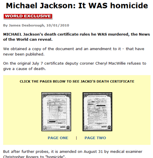 ▲ LA카운티 검시관이 작성한 마이클 잭슨의 '사망원인' 기록을 보도한 뉴스 오브 더 월드.
