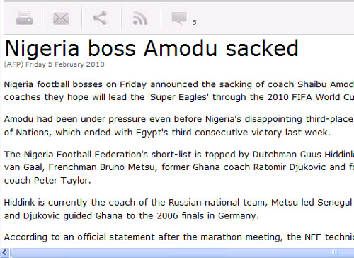 ▲ 국제축구연맹(FIFA)은 6일(한국시간) 공식 홈페이지를 통해 &ldquo;2010남아공월드컵 조별리그에서 한국과 맞붙을 나이지리아가 샤이부 아모두 감독을 전격 경질했다&rdquo;고 밝혔다. ⓒ FIFA 홈페이지 캡쳐&nbsp;