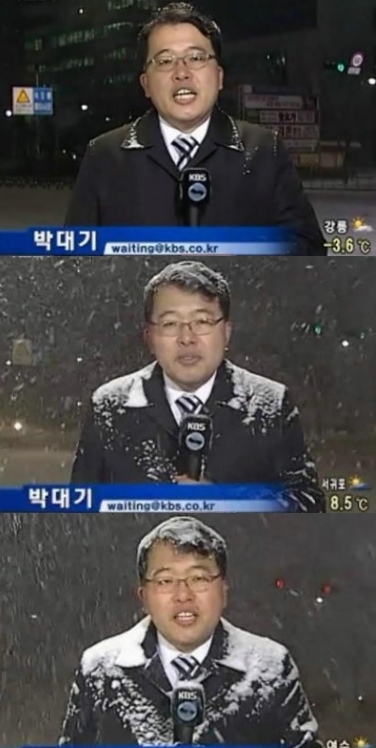 ▲ 시간 별로 박대기 기자의 옷에 쌓여가는 눈의 모습이 이채롭다(KBS 방송 화면 캡처). ⓒ 뉴데일리