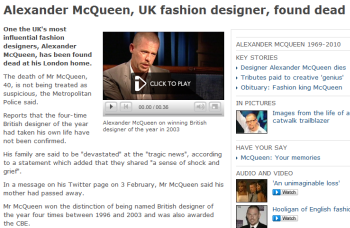 ▲ 알렉산더 맥퀸의 사망 소식을 전한 영국 BBC 방송.